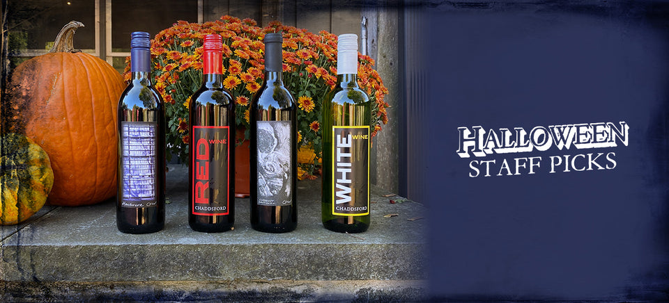 750ml bottles of Harbinger, Chaddsford Red, Cabernet Sauvignon and Chaddsford White are lined up with the following text on the left "Halloween Staff Picks"